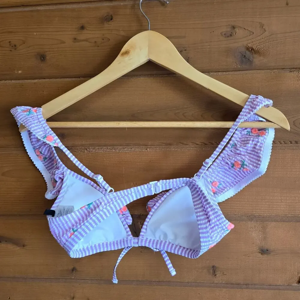 J. Crew Floral Pinstripe Bikini Top XXS Ruffled Embroidered Seersucker Purple